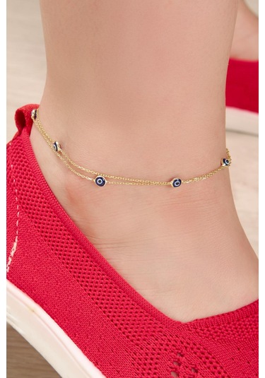 Tmt Silver Gümüş Altın Kaplama Nazar Boncuğu Çift Zincirli Halha Gümüş