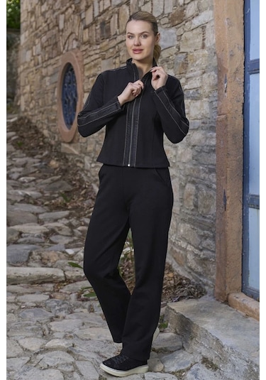 Cossy By Aqua 26003 Kadın Uzun Kollu Dik Yaka Önden Fermuarlı Eşofman Takımı-siyah Siyah