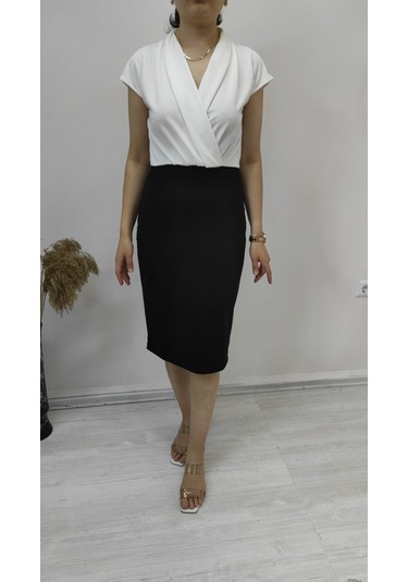 Kadın Kısa Kollu Kruvaze Yaka Krep Elbise Kemersiz Bediva 001