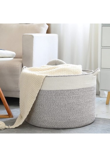 Shahbaz Özel Pamuklu Jüt Battaniye Sepeti Hasır Oyuncak Sepeti Jüt Çamaşır Sepeti 40-30 Grey