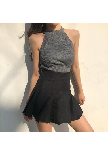 Fastbuy Bayan Gri Yaz Pileli Yüksek Bel Mini Etekler Beyaz Siyah Kore Vintage Tatlı Kız Etek Modası Gri