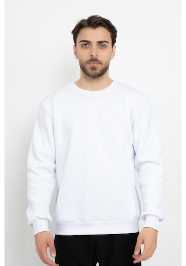 Dasüniforma Basic Baskısız 3 İplik Unisex Cepsiz Düz Sweatshirt Yuvarlak Yaka Sweat Beyaz