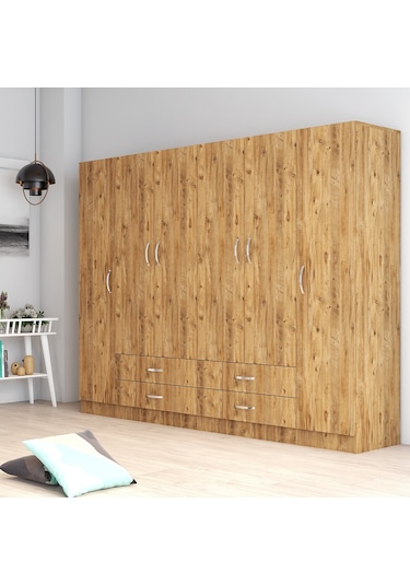 tanmob 6 Kapılı Dört Çekmeceli Geniş Gardrop Çam - Grd0802