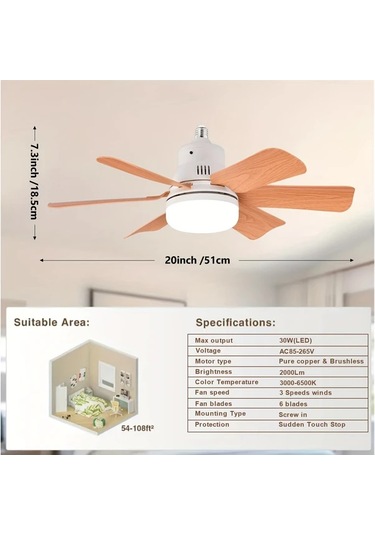 Xuweiwei 1 Adet Ahşap Tahıl Desenli Abs Kanatlı Led Akıllı Tavan Vantilatörü Uzaktan Kumandalı E26 E27 Tabanlı 5 Kanat Soğuk Sıcak Işık Modları