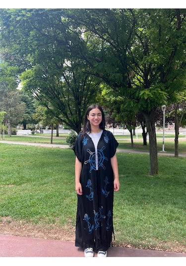 Mavi Denizci Desenli Siyah Salaş Kimono Kaftan Standart Mavi