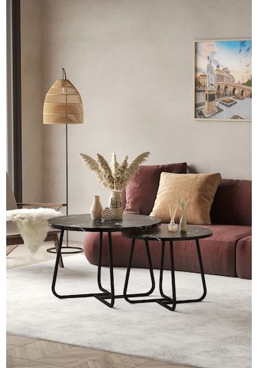 Üsküp Orta Sehpa Takımı Siyah Metal - Siyah Mermer Tabla