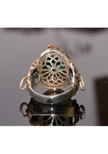 Gerçek Doğal Arizona Turkuaz Taşlı Aslan Yüzüğü - Gümüş Erkek Yüzüğü Gümüş