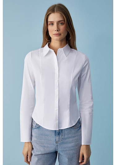 GRINNE Kadın Slim Gömlek Yaka Uzun Kollu İnce Uzun Beyaz Gömlek