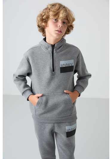 Tommy Life Gri Melanj Pamuklu Kalın İçi Tüylü Yumuşak Dokulu Standart Fit Baskılı Erkek Çocuk Eşofman Takım - Gri Melanj