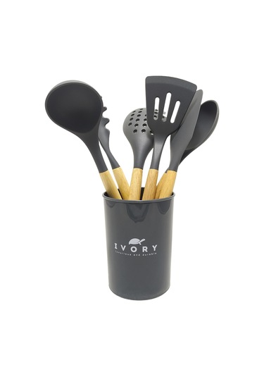 Ivory Doğal Bambu Saplı %100 Silikon Mutfak Seti 6 Parça Gri