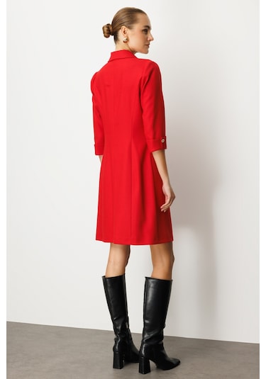 Ekol Kadın Kruvaze Yaka Düğmeli Elbise 4009 Kırmızı Kırmızı