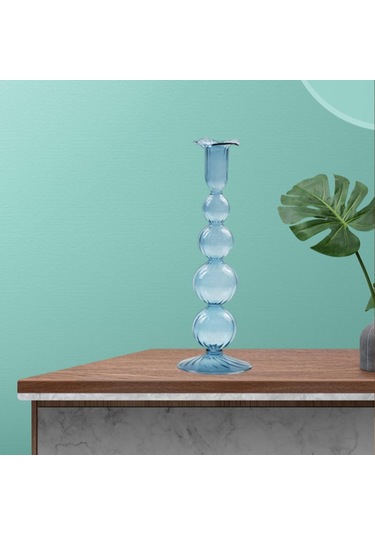 Suntek Cam Mumluk Standı Şamdan Dekor Yemek Noel 9x26.5cm Mavi