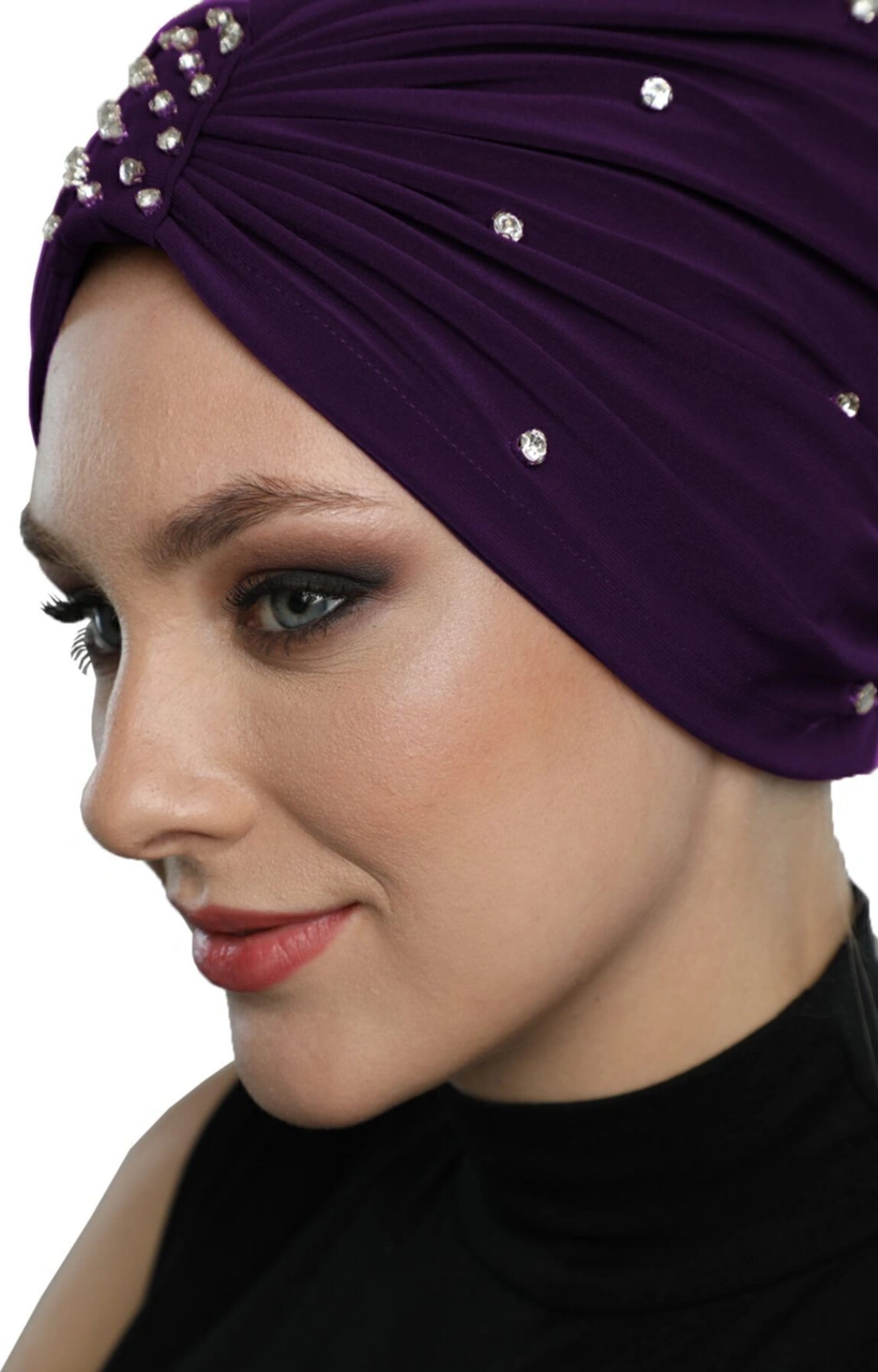 Zeni Taşlı Astarlı El İşi İşlemeli Mor Hazır Türban Tesettür Abiye Bone Mor