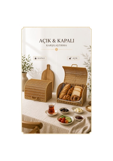 Ekmek Dolabı Kapaklı, Hasır Detaylı 35 Cm Krem
