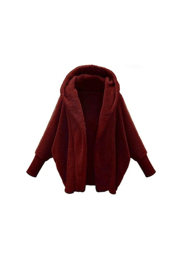 Sonbahar Ve Kış, Kadın Giyim Düz Renk Uzun Kollu Kapşonlu Bol Peluş Ceket Kadın Bordo