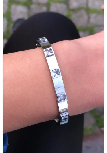 Gümüş Renk Baget Taşlı Çelik Kelepçe Gümüş