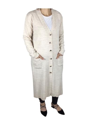 Kadın Büyük Beden Düğmeli Mevsimlik Hırka Krem