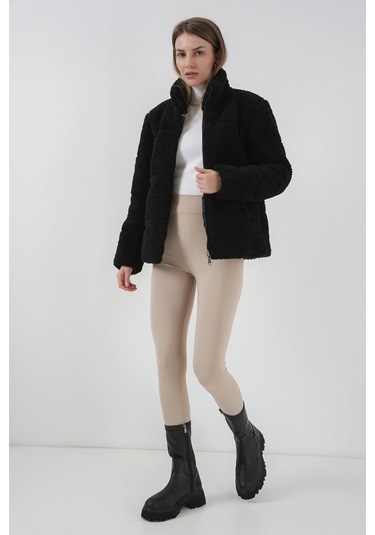 5178 Astarlı Peluş Mont - Siyah Çok Renkli