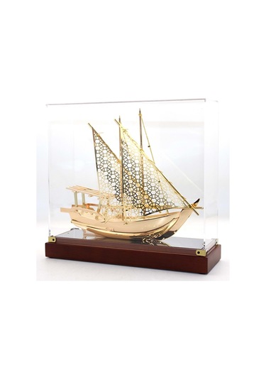 Pirinç Yelkenli Gemi Altın Kaplama Katar Dhow Teknesi Kutulu 29cm No.1