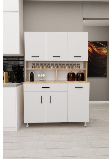 Zimbal Çok Bölmeli Dekoratif Mutfak Dolabı Atlantik Çam-beyaz Beyaz Kapak