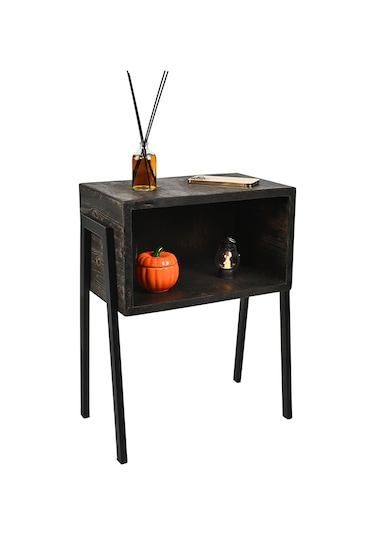 Rustik Siyah Gece Masası - Metal Ayaklar - Komidin - Çam Massif Siyah
