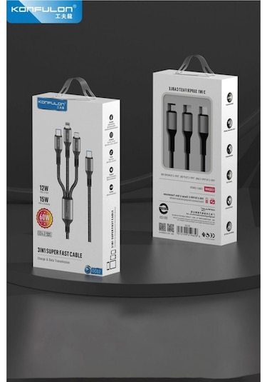 Dc62 3in1 Type-c To 60w Type-c / 12w Lightning / 15w Micro 1.2m Hızlı Şarj Kablo - Siyah