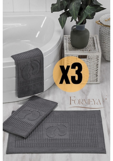 Formeya 3'lü Ayak İzli Ayak Havlusu - Paspas Banyo Seti 3 Adet Antrasit
