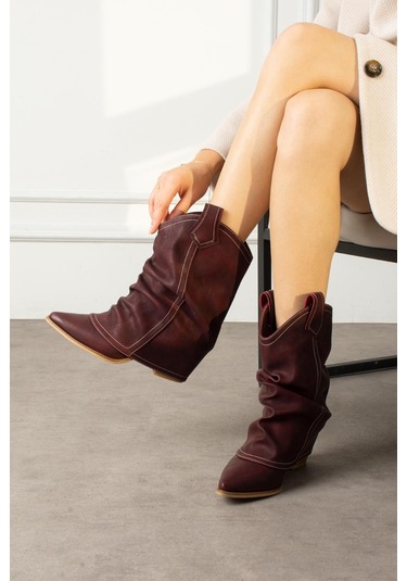 Shoetek Livinya Kadın Kovboy Bot Körüklü Bordo Mat Deri Bordo