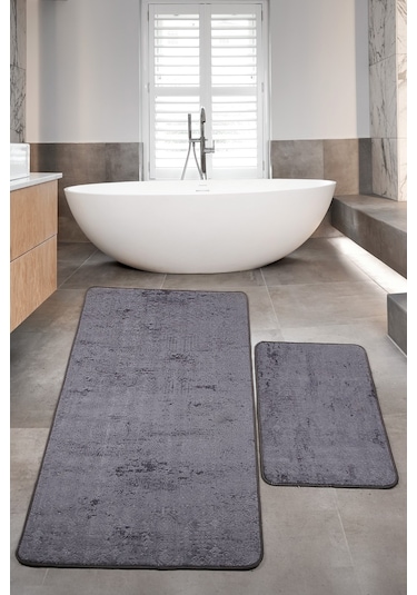 Nova Antrasit Büyük Ebat 80x150 + 50x80 Cm 2'li Banyo Halısı Pasp Antrasit
