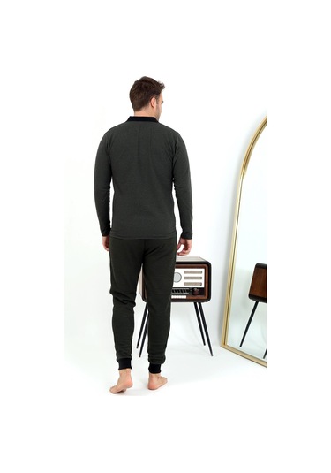 Akbeniz Erkek Polo Yaka Uzun Kol Penye Pijama Takımı 6862 Haki Haki