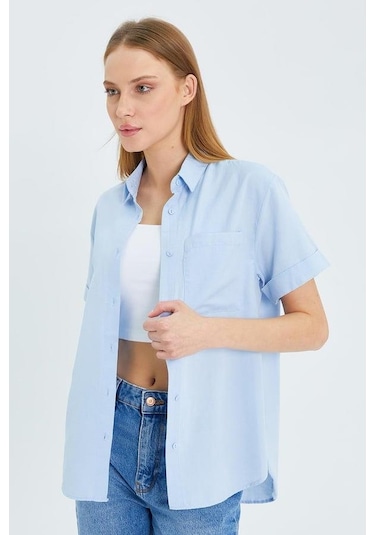 3950 Kadın Oxford Kısa Kollu Basic Gömlek Bebe Mavi Bebe Mavi