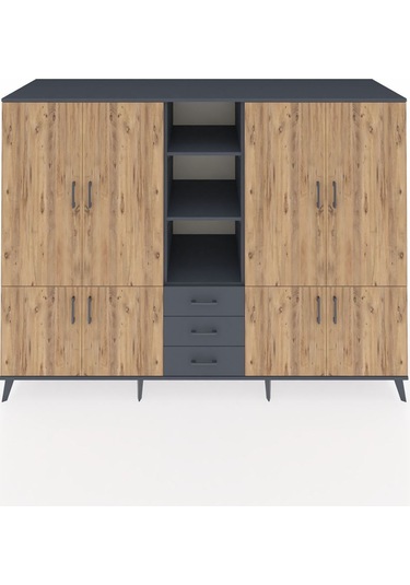 Kronos Dolap 11 Raflı 3 Çekmeceli 8 Kapaklı 220x59x163 Antrasit-ç Antrasit-çam/antrasit