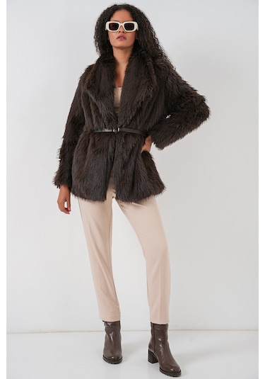 Kadın Kemerli Oversize Kürklü Kaban 9156 - Kahverengi Kahverengi