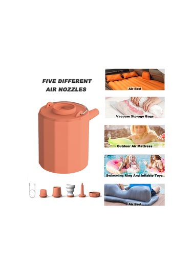 Ximistore9 Portatif Kablosuz Hava Pompa, 5 Uçlu, 200l/dak Akış, Led Işık Ve Sos Fonksiyonu, 1600mah Pil, Turuncu - Çadır, Yatak, Yüzme Halka İçin