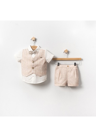 Yazlık Çizgi Yelekli Metal Armalı Bebe Erkek 2'li Takım Bej