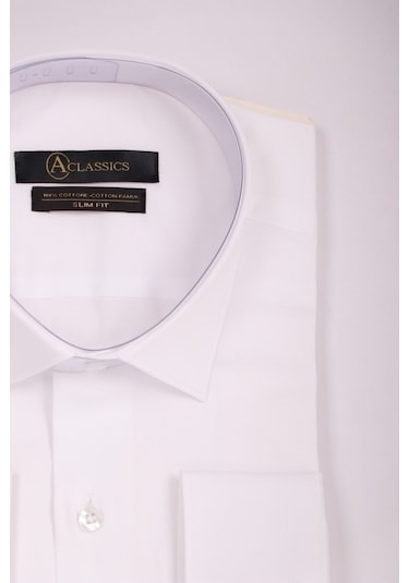 Aclassics Erkek Beyaz Slim Fit Saten Pamuk Cepsiz Gömlek