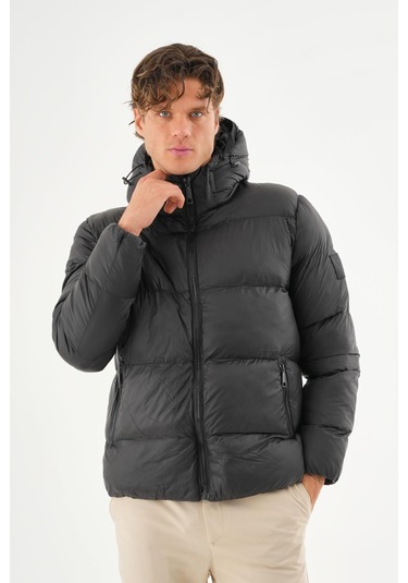 Erkek Kapüşonlu Fermuarlı Cepli Kışlık Şişme Kısa Mont Siyah