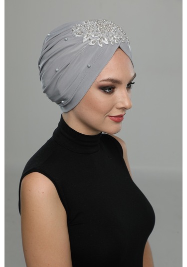 Kopma Astarlı İşlemeli Açık Gri Gül Motifli Hazır Türban Tesettür Abiye Bone Açık Gri
