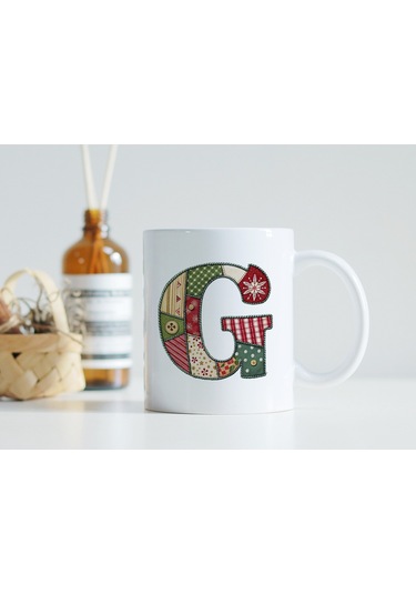 G Harfi Yılbaşı Temalı Kupa Bardak - Yeni Yıl Konsept Yamalı Efekt Tasarım - Noel Hediye Beyaz