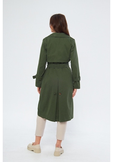 Pastelastore %100 Pamuk Gabardin Uzun 110cm Astarlı Kemerli Kadın Trençkot 1111 Koyu Haki