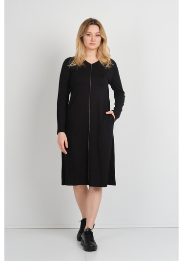 Sistas Kadın V Yaka Parlak Şerit Detaylı Uzun Kollu Çift Cepli Elbise 24442 Siyah Siyah