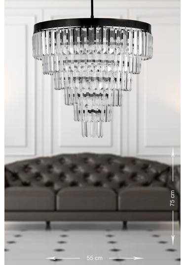 Linsa 55 Cm'lik Kristal Cam Taşlı Lüks Avize - Mat Siyah Siyah