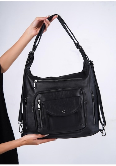 Yıkama Deri Kadın Omuz Ve Kol Çantası Siyah