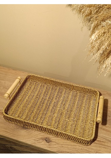 Hasır Rattan Sunum Tepsi Bambu Kulplu Orta Boy Dikdörtgen Diğer