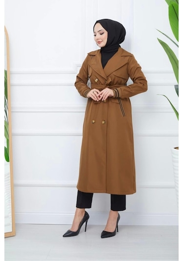 Bondit Kumaş Ribanalı Uzun Boy Trençkot / Kahverengi - M0110 Kahverengi