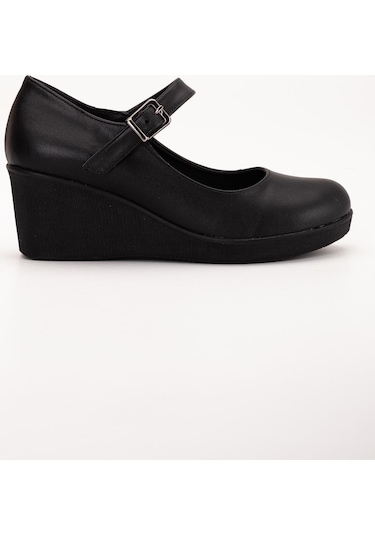 Baretli Suni Deri Siyah Kadın Dolgu Taban Ayakkabı-3101-siyah