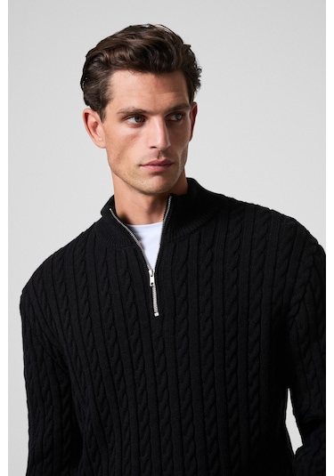 IVAR Erkek Yarım Fermuarlı Dik Yakalı Saç Örgü Desenli Triko Siyah Kazak