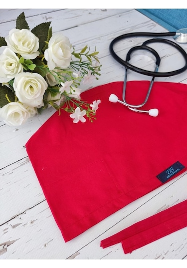 Tesettür Kırmızı Tek Renk Cerrahi Bone Doktor Hemşire Sağlıkçı Bonesi Geniş Kesim