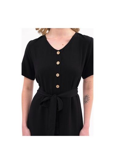 Apsen Kadın Siyah Renk Önden Düğme Detaylı Yazlık Midi Elbise 4437-105 Siyah