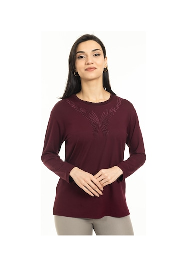 Yeni Sezon Kadın Orta Yaş ve Üzeri Yeni Desen Triko Yaka Likralı Anne Penye Bluz 30520-Bordo